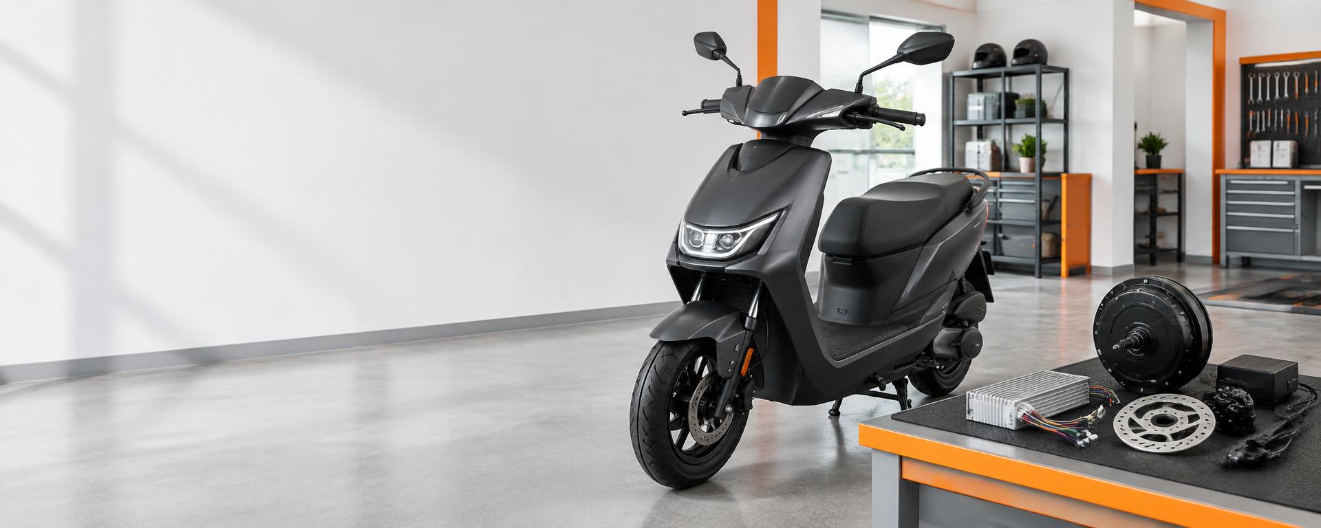 Electric scooter and spare parts in a bright workshop